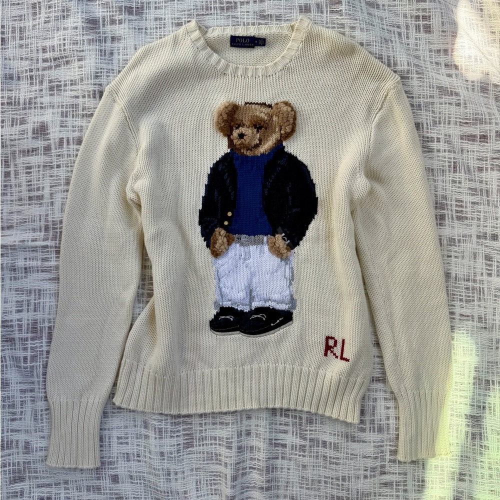 Rare Vintage Polo Ralph Lauren 3D Polo Bear Knit Sweater Ivory Cream Size M